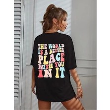 Kadın Bisiklet Yaka Baskılı T-Shirt - Siyah