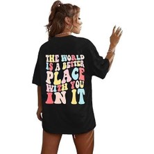 Kadın Bisiklet Yaka Baskılı T-Shirt - Siyah
