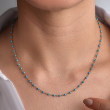 Nox Jewelry 14K Altın Kaplama Turkuaz Taşlı Rosary Zincir Gümüş Kolye - Mavi Turkuaz Minimal Zincir Kadın Kolye - CNS00627