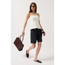 Gökyüzü Moda Pileli Straplez Bluz
