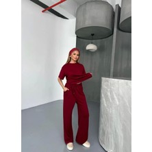 Osy Modal Yumuşak Dokulu Kumaş   Kısa Kollu Bluz Rahat Pantalon Ikili Takım- Bordo
