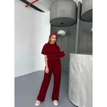 Osy Modal Yumuşak Dokulu Kumaş   Kısa Kollu Bluz Rahat Pantalon Ikili Takım- Bordo