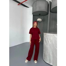 Osy Modal Yumuşak Dokulu Kumaş   Kısa Kollu Bluz Rahat Pantalon Ikili Takım- Bordo