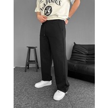 Iki Iplik Kumaş Beli Lastikli Boru Paça Baggy Alt Esofman - Siyah