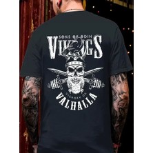20/1 Penye Compack Vikings Valhalla Baskılı Oversize Bisiklet Yaka T-Shirt - Siyah