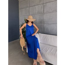 Gökyüzü Moda Kadın Çan Dokuma Kumaş V Yaka Asimetrik Kesim Elbise