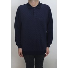 Santa Fistan Store Erkek Lacivert Desenli Klasik Kesim Rahat Kalıp Polo Yaka Tek Cepli Kışlık Kazak