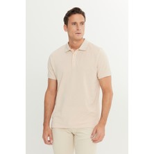 AC&Co / Altınyıldız Classics Erkek Çekmeyen Pamuklu Kumaş Slim Fit Dar Kesim Açık Bej-Beyaz Kıvrılmaz Polo Yaka Tişört
