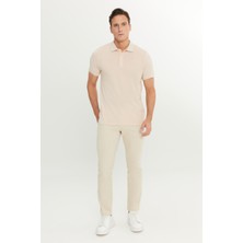 AC&Co / Altınyıldız Classics Erkek Çekmeyen Pamuklu Kumaş Slim Fit Dar Kesim Açık Bej-Beyaz Kıvrılmaz Polo Yaka Tişört