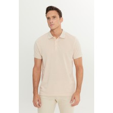 AC&Co / Altınyıldız Classics Erkek Çekmeyen Pamuklu Kumaş Slim Fit Dar Kesim Açık Bej-Beyaz Kıvrılmaz Polo Yaka Tişört