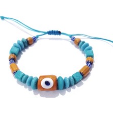 Funny Takı Bodrum Cam Nazar Elyapımı Turuncu Afrika Cam ve Turkuaz Rengi Hint Cam Boncuklu Bileklik
