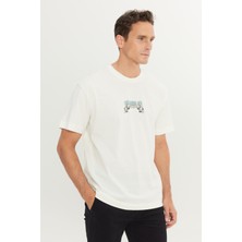 %100 Pamuk Relaxed Fit Geniş Kesim Bisiklet Yaka Kırık Beyaz Big Logo Tişört