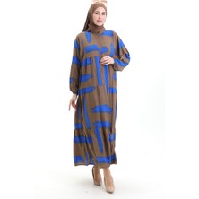 Sefa Merve Yarım Düğmeli Desenli Elbise 2069-04 Kahverengi Saks