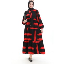 Sefa Merve Yarım Düğmeli Desenli Elbise 2069-01 Siyah Kırmızı