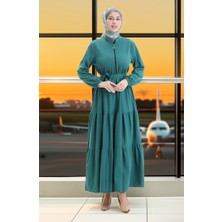 Yarım Fermuarlı Büzgülü Elbise 1202-04 Zümrüt Yeşili