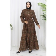 Sefa Merve Kolu Lastikli Desenli Elbise 2057-01 Kahverengi