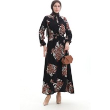 Sefa Merve Düğmeli Desenli Kuşaklı Elbise 2076-02 Siyah Kahverengi