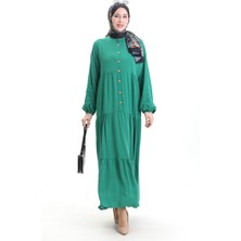 Sefa Merve Hakim Yaka Yarım Düğmeli Elbise 0090-05 Zümrüt Yeşili