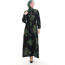 Sefa Merve Düğmeli Desenli Kuşaklı Elbise 2076-03 Siyah Yeşil