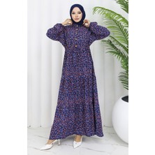 Sefa Merve Kolu Lastikli Desenli Elbise 2057-03 Lacivert