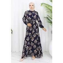 Sefa Merve Yarım Düğmeli Desenli Elbise 2052-02 Lacivert