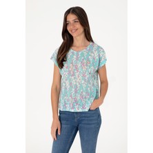 U.S. Polo Assn. Kadın Aqua Desenli Bisiklet Yaka Tişört 50300766-VR007