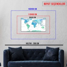 Tek Parça Detaylı Kanvas Dünya Haritası - Coğrafya Öğrenme Aracı - Mavi Temalı 90X55CM