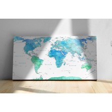 Tek Parça Detaylı Kanvas Dünya Haritası - Coğrafya Öğrenme Aracı - Mavi Temalı 90X55CM