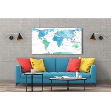 Tek Parça Detaylı Kanvas Dünya Haritası - Coğrafya Öğrenme Aracı - Mavi Temalı 90X55CM