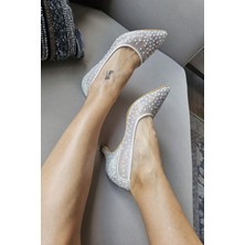 135 35 Topukla Kadın Tül Taşlı Alçak Topuklu Abiye Ayakkabı