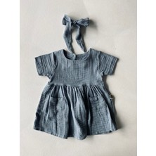 Bebek Muslin Çift Cepli Elbise ve Saç Bandı