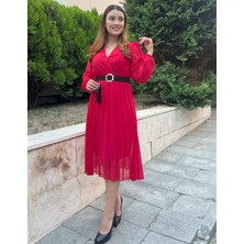 Munn Collection Kadın Şifon Kumaş Astalı Kloş Kesim Kruvaze Yaka Midi Boy Elbise