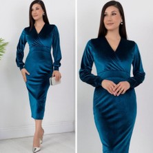 Munn Collection Kadın Kadife Kumaş Manşetli V Yaka Şık Kalem Elbise