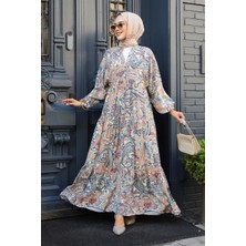 Desenli Bej Tesettür Elbise 23585BEJ