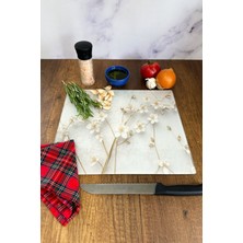 Cam Kesme Tahtası - Cam Kesme Tablası | Beyaz Çiçek - Gold | 29CM x 34CM