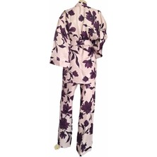 Reserved Viskon Kimono / Tunik  / Ceket Pantolon Bol Kalıp Mor Çiçekli Pudra Kuşaklı Alt Üst Takım