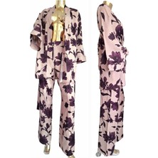 Reserved Viskon Kimono / Tunik  / Ceket Pantolon Bol Kalıp Mor Çiçekli Pudra Kuşaklı Alt Üst Takım