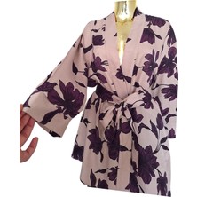 Reserved Viskon Kimono / Tunik  / Ceket Pantolon Bol Kalıp Mor Çiçekli Pudra Kuşaklı Alt Üst Takım