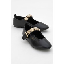 Kadın Kemerli Armalı Tek Biyeli Küt Burunlu Babet Siyah