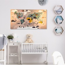 Çocuklar Için Hayvanlı Kanvas Dünya Haritası - Dayanıklı ve Solmaz Çocuk Odası Dekor 90X55CM