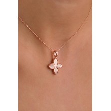 Gümüş Rose Kaplama Yonca Lazer Kalem Işlemeli Kolye