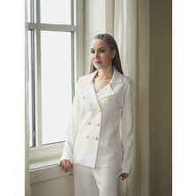 Styleboom x Peraluna Katherıne Blazer Çelik Örgü Klasik Kesim Düğmeli Blazer Kadın Triko Ceket - Ekru