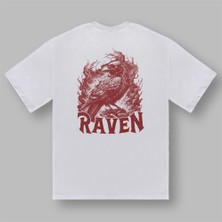 Kırmızı Kuzgun Raven Baskılı Beyaz Tişört