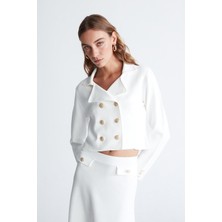 Styleboom x Peraluna Kathy Blazer Çelik Örgü Crop Kruvaze Blazer Kadın Triko Ceket - Ekru