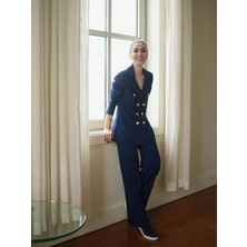 Styleboom x Peraluna Katherıne Blazer Çelik Örgü Klasik Kesim Düğmeli Blazer Kadın Triko Ceket - Lacivert