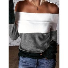 Munn Collection Kadın Uzun Kollu Omuzlardan Açık Uzun Kollu Blok Çizgili Triko Bluz