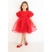 Le Mabelle Kırmızı  Gül Detaylı Tül Etekli Kız Çocuk Elbise - Nelia