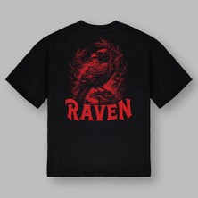 Kırmızı Kuzgun Raven Baskılı Siyah Tişört