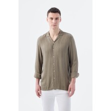 Jakamen Haki Klasik Fit Apaş Yaka Çizgili %100 Pamuk Bohem Gömlek