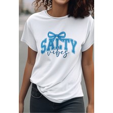 Qoeuyl Boutique Coquette Salty Vibes Baskılı Yaz Temalı Unisex Regular Fit Pamuklu Beyaz Tişört